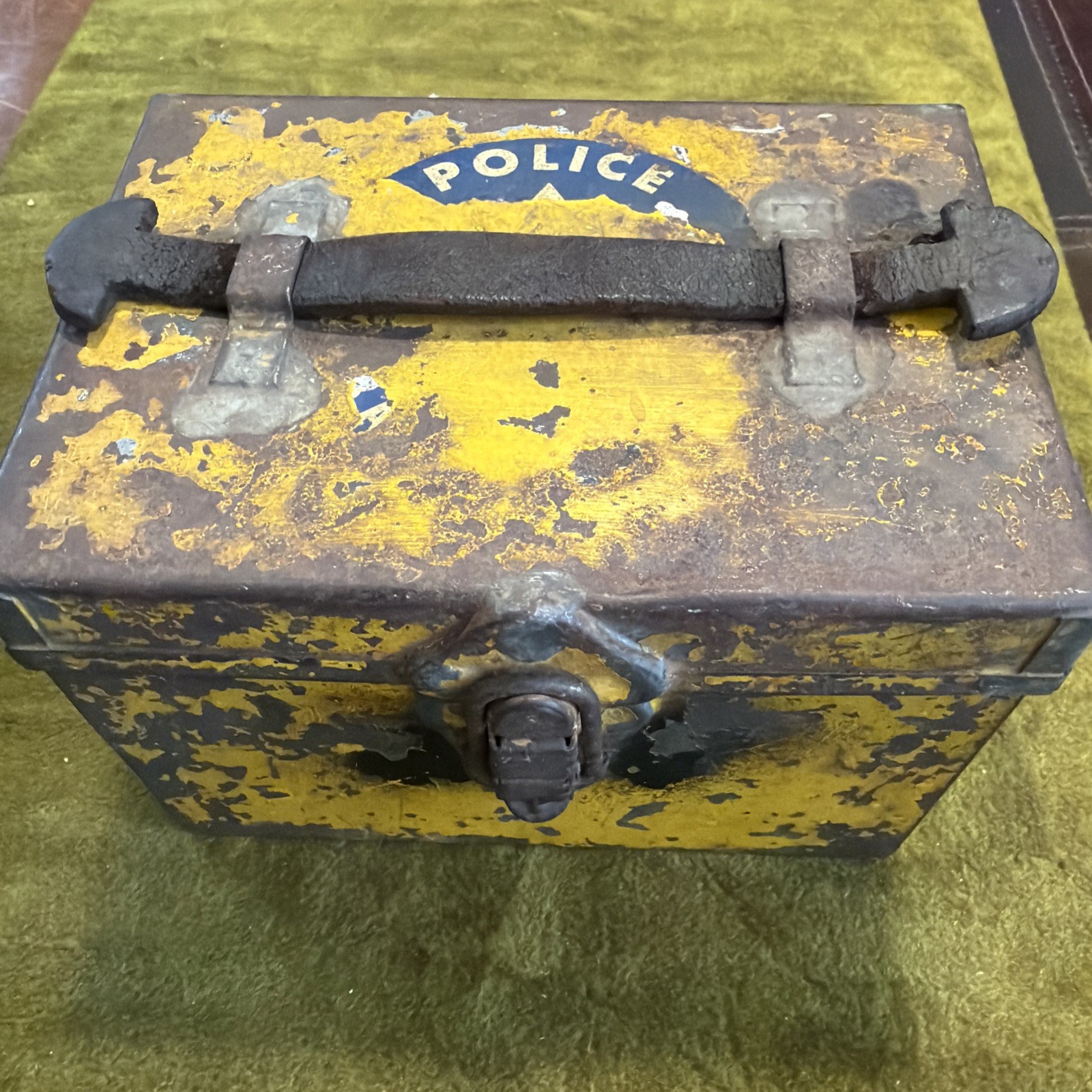 Vintage Metal Box with a Latch and a Police Decal