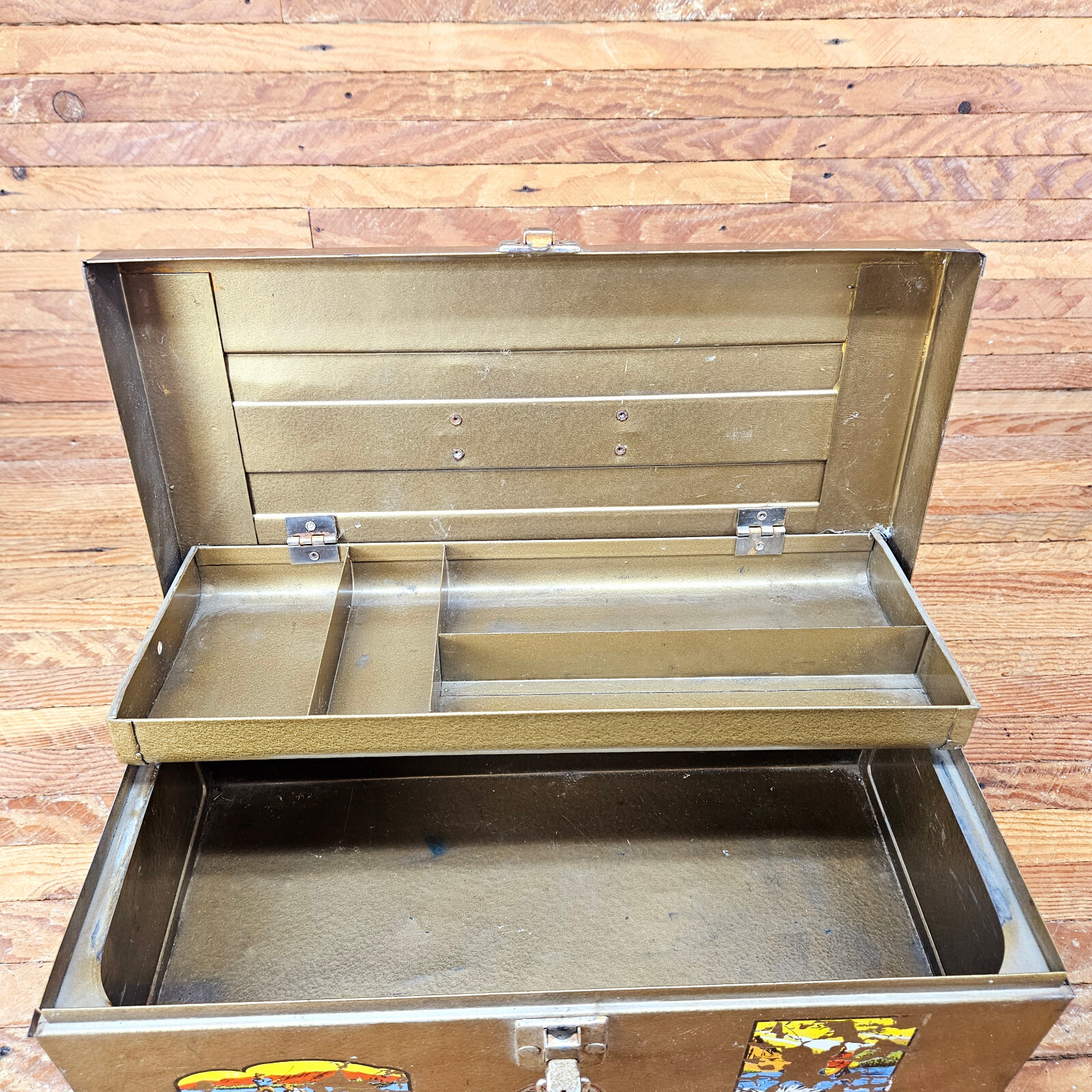Vintage Metal Tackle Box Fly Fishing Waterloo Vintage Montana Stickers Lift Tray