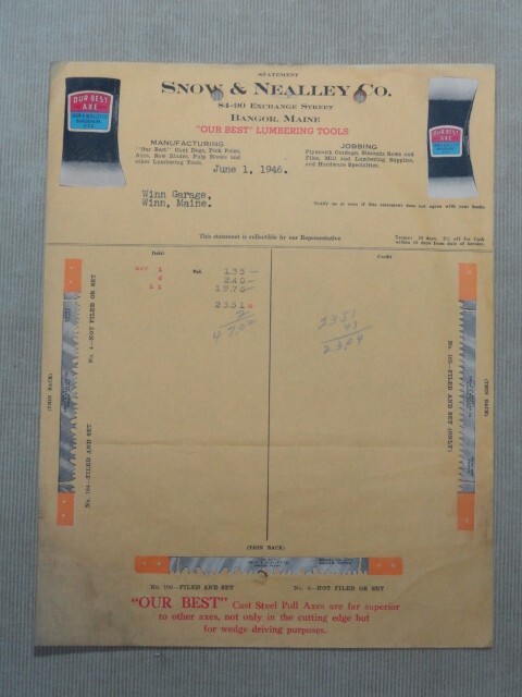 Snow & Nealley Our Best Axes Maine Colorful 1946 Billhead Ax Letterhead ‘T’