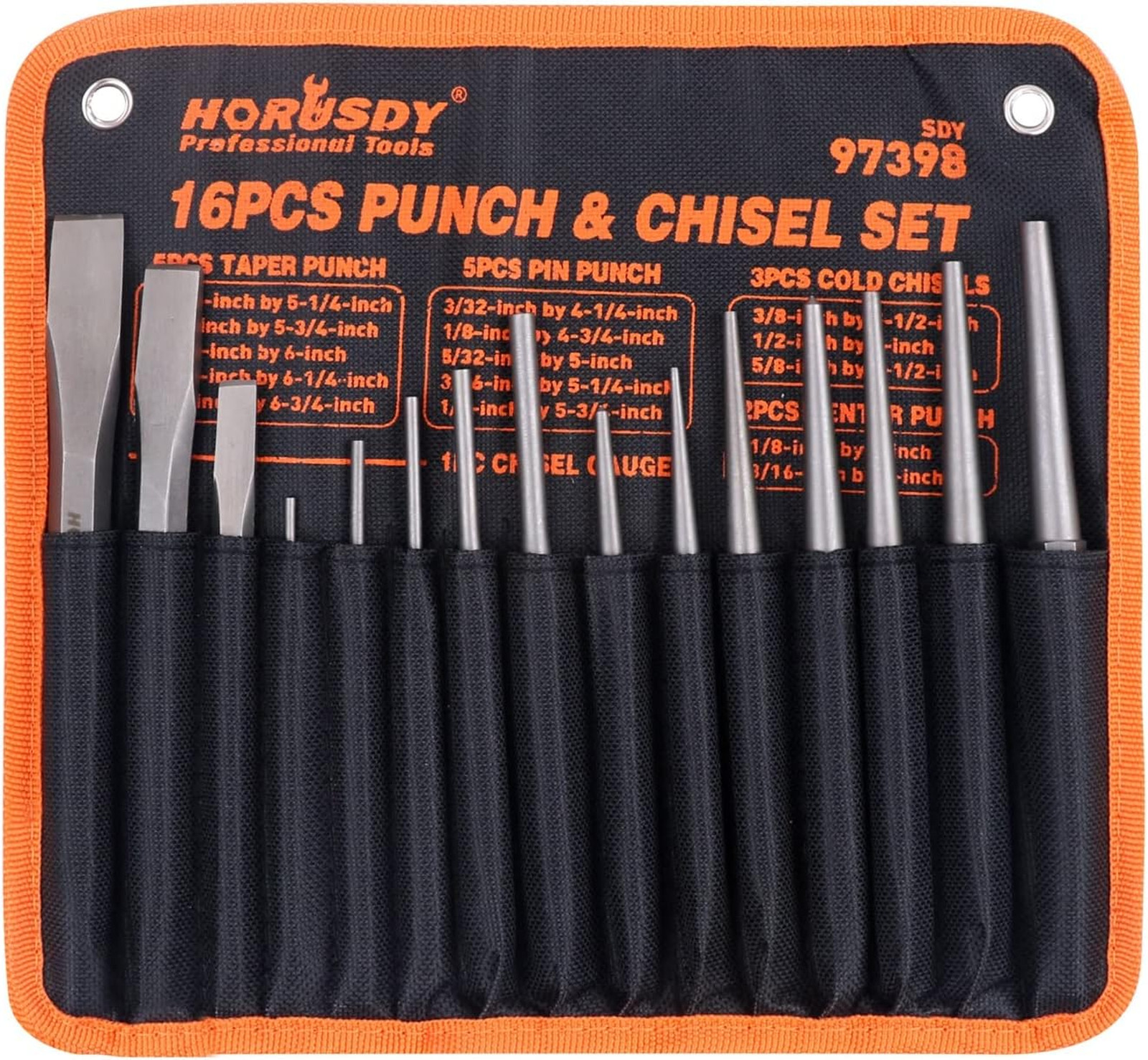 Punch and Chisel Set 16 Piece Chrome Vanadium Steel Taper Cold Center