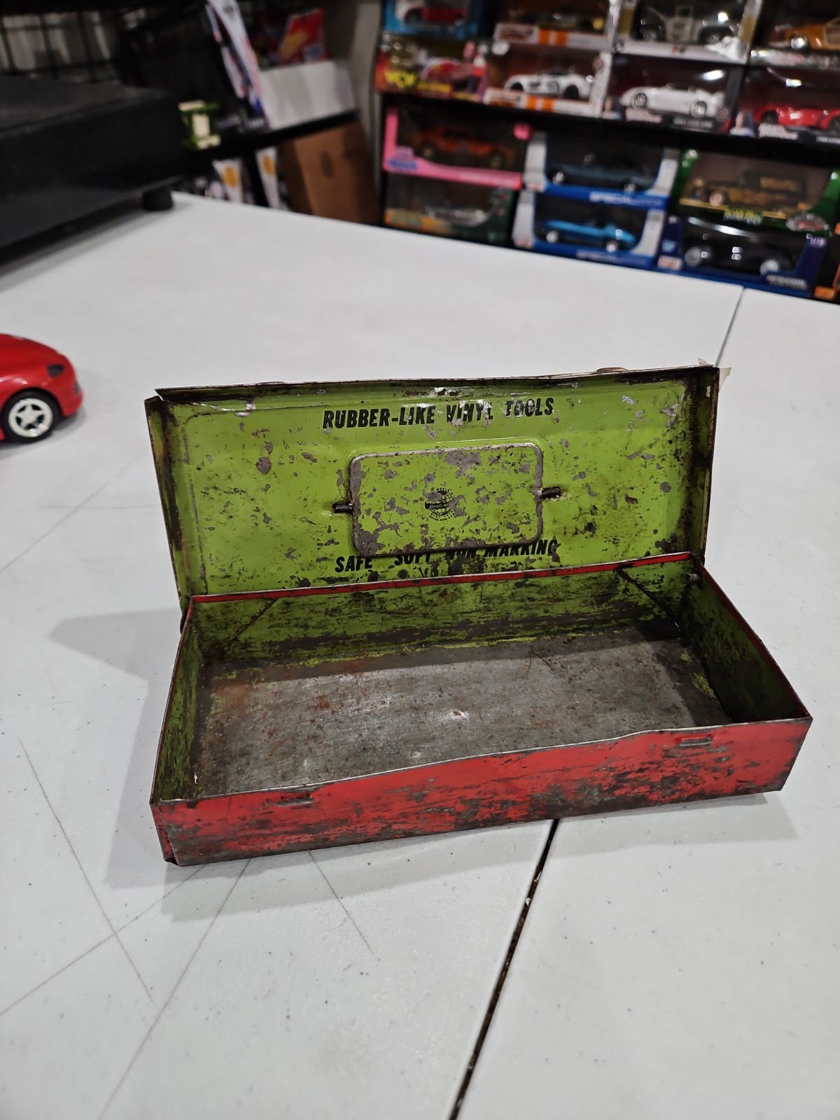 **RUSTY & NO TOOLS** VINTAGE TOOL BOX CHEST WITH SAFE VINYL TOOLS BUSY BOY