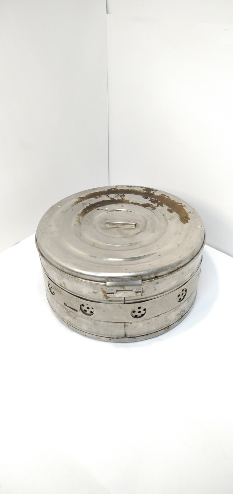 Vintage old metal round tool box made in the USSR