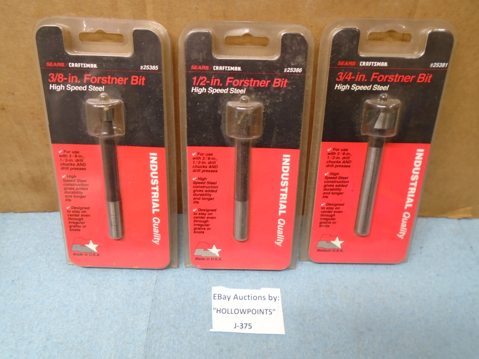 Craftsman USA Lot of 3HSS Forstner Bits 3/8″ 1/2″ 3/4″ No. 9-25381 85 86 J375