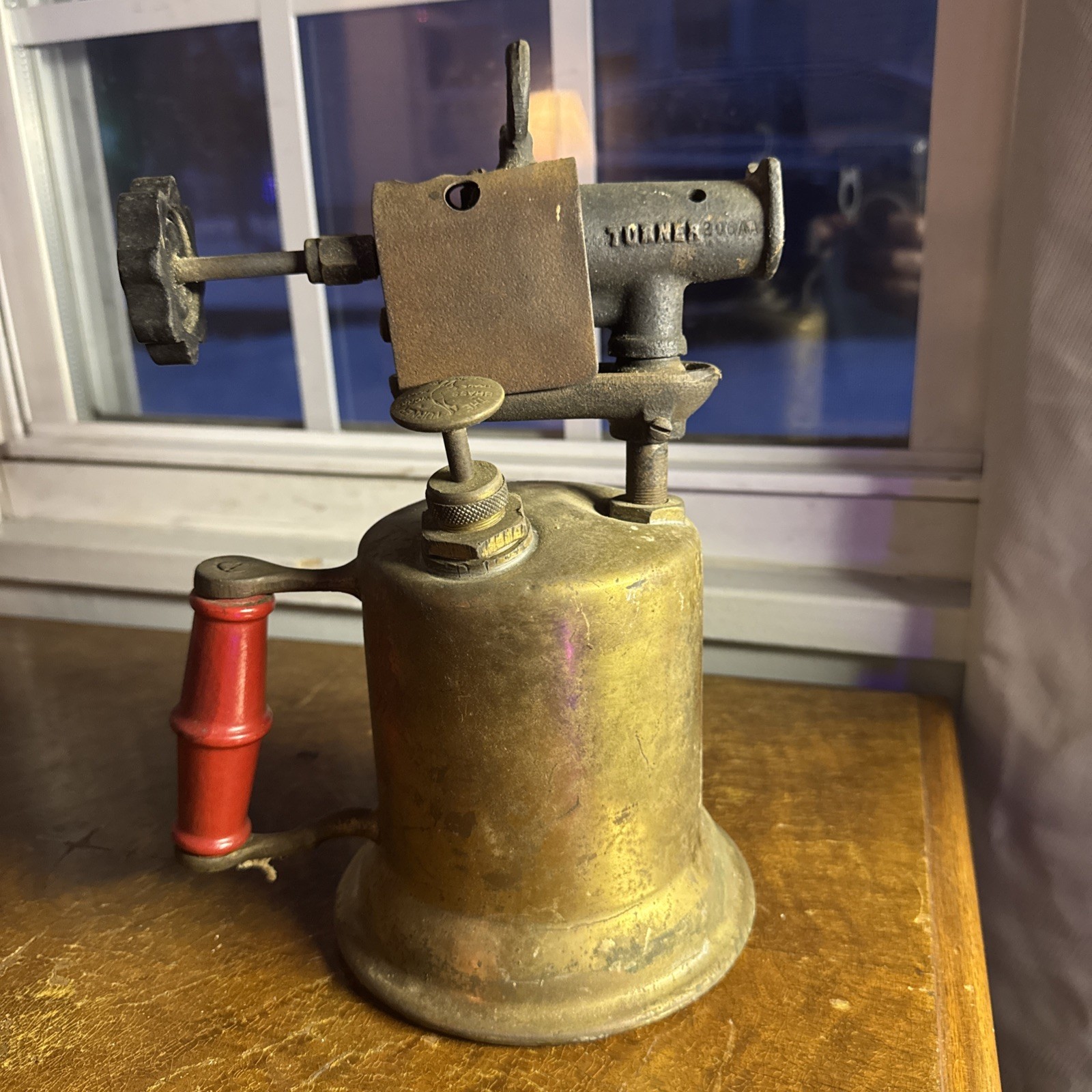 Vintage Turner 159A Brass Blow Torch Sycamore IL Red Wooden Handle Antique Tool