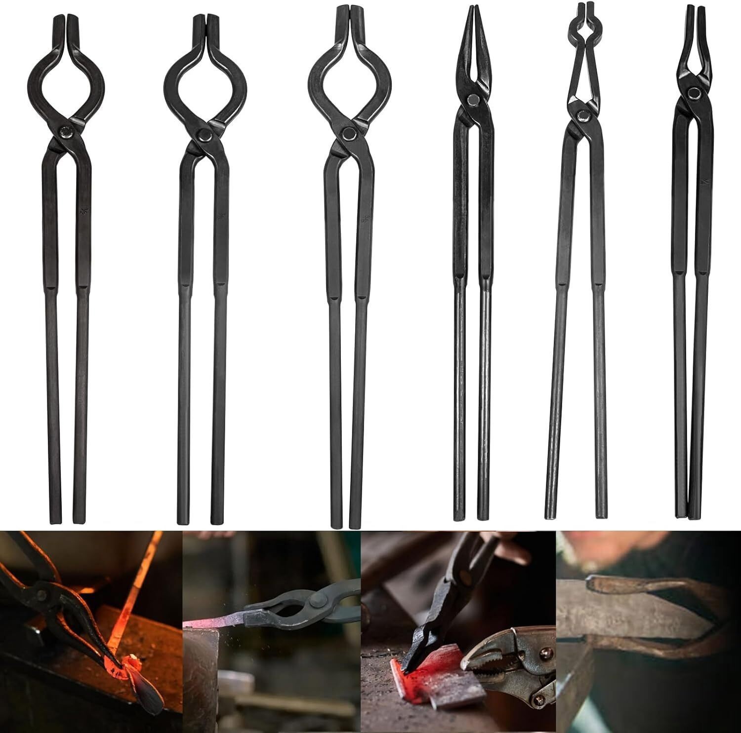 1/4 Flat Jaw,Pick Up,Scroll,V-Bit Tongs Beginner Blacksmith Forge Tongs Set 6pcs