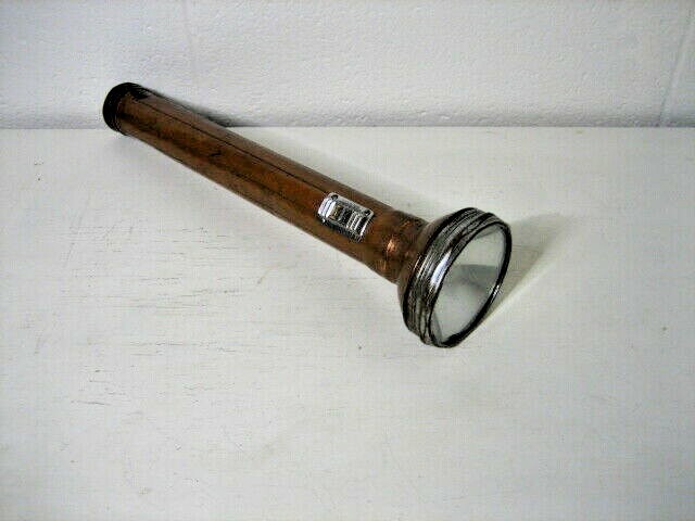 USALITE copper flashlight 14 1/4″ with belt clip and bulb, vintage