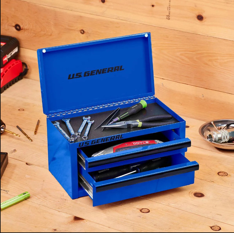U.S. General Mini Tool Box 2-Drawer Blue Drawer Liner Metal Storage Organizer