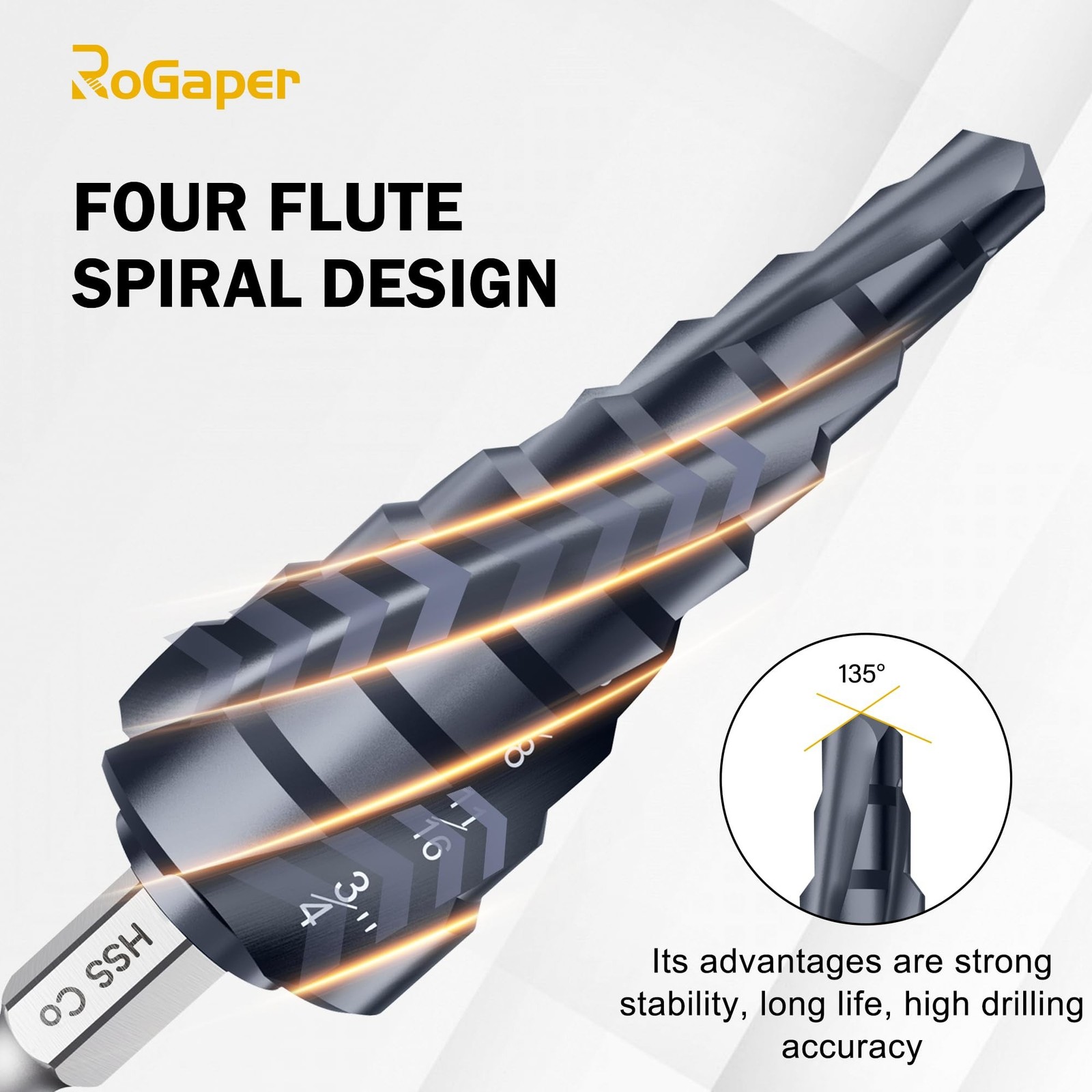 M35 Four Spiral Flute Cobalt Step Drill Bit Set 1/8″-7/8″, Industrial Grade W…