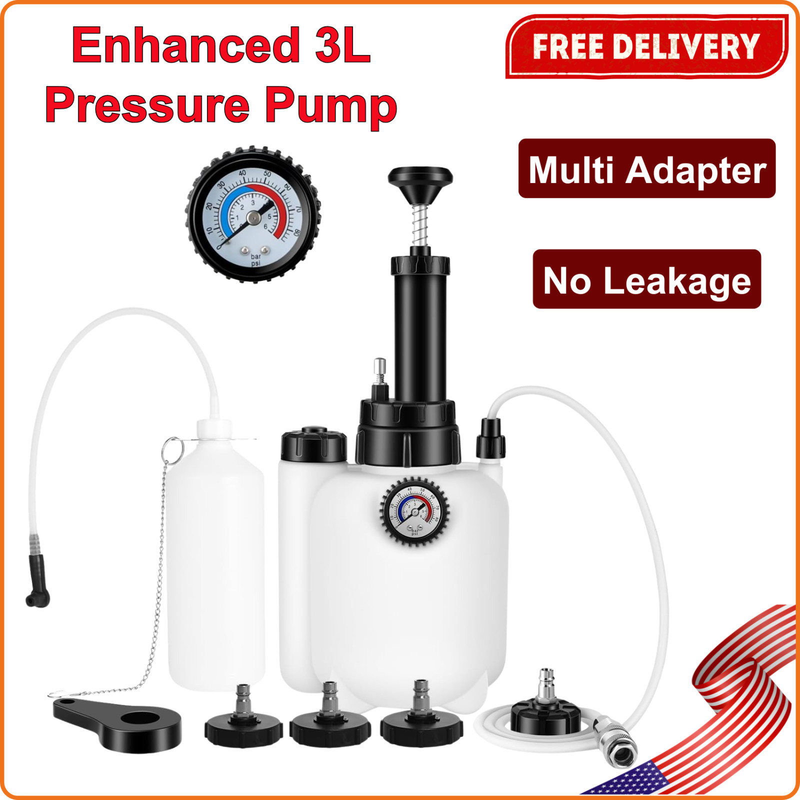 Brake Bleeder Kit with 3L Pressure Pump, 1L Waste Bottle & 4 Upgraded Adapters
