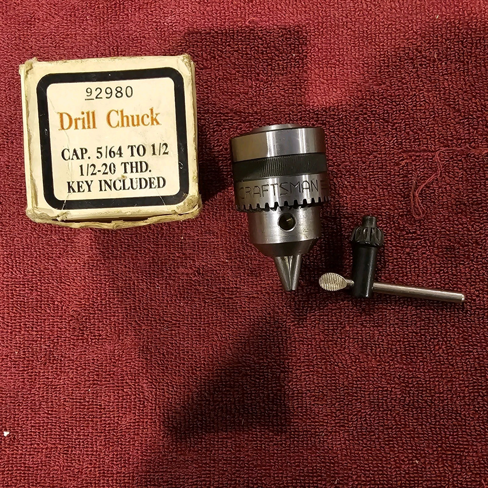 Vintage Sears Craftsman Drill Chuck 9-2980 1/2-20 thd 5/64 to 1/2 w/ key and box