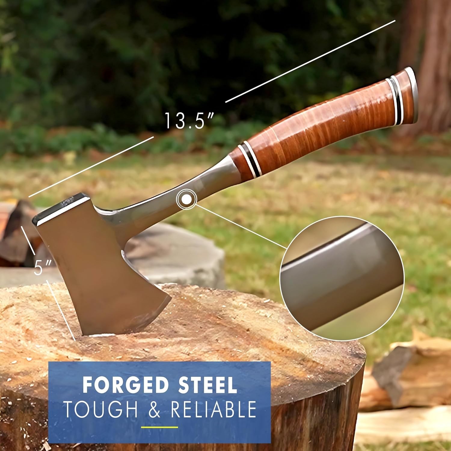 Camping Axe Forged Steel 14 Inch Hatchet with Leather Grip and Sheath