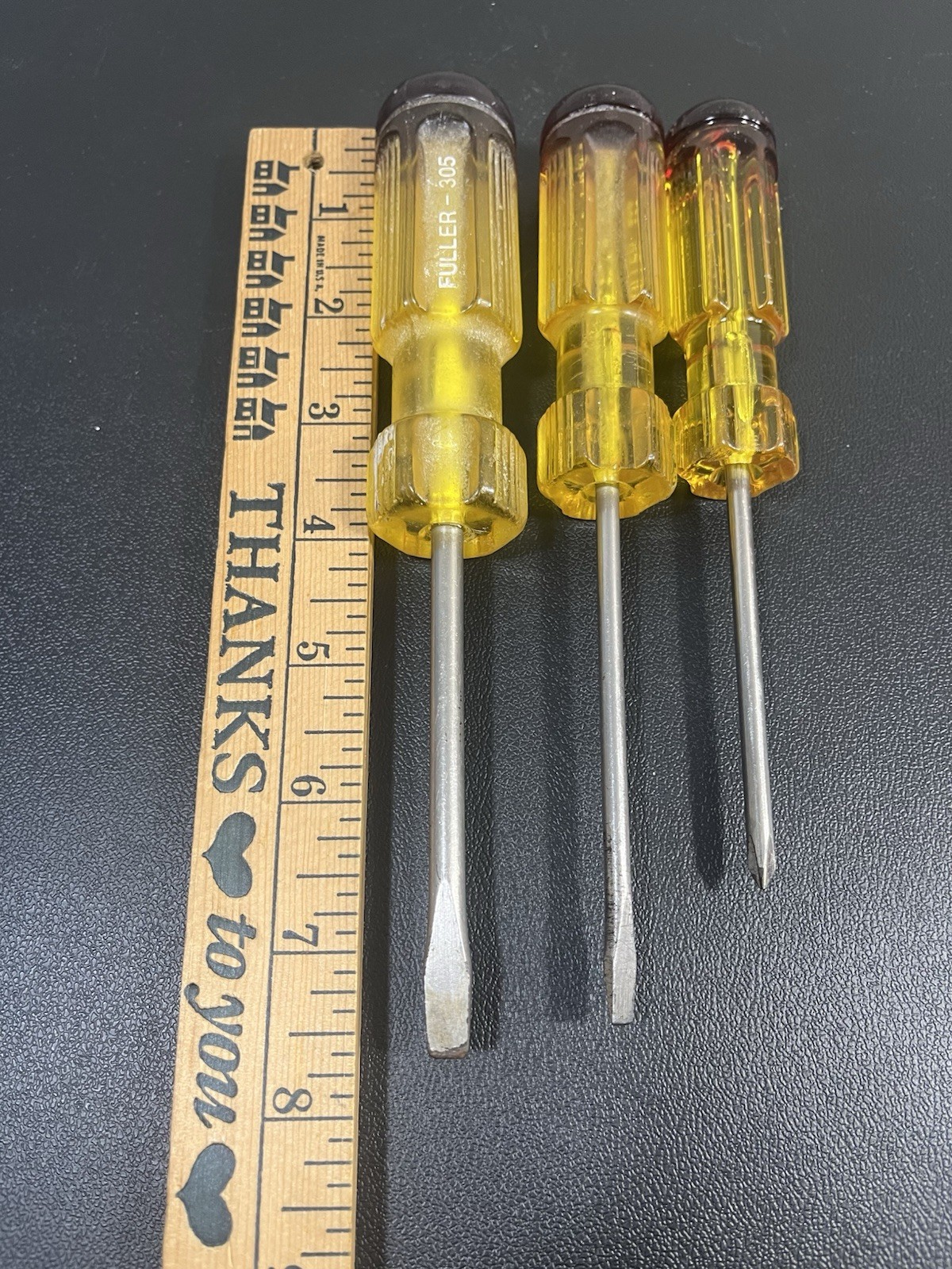 Lot Of 3 Vintage Fuller Screwdrivers Yellow With Red Tops #302, 305, 312