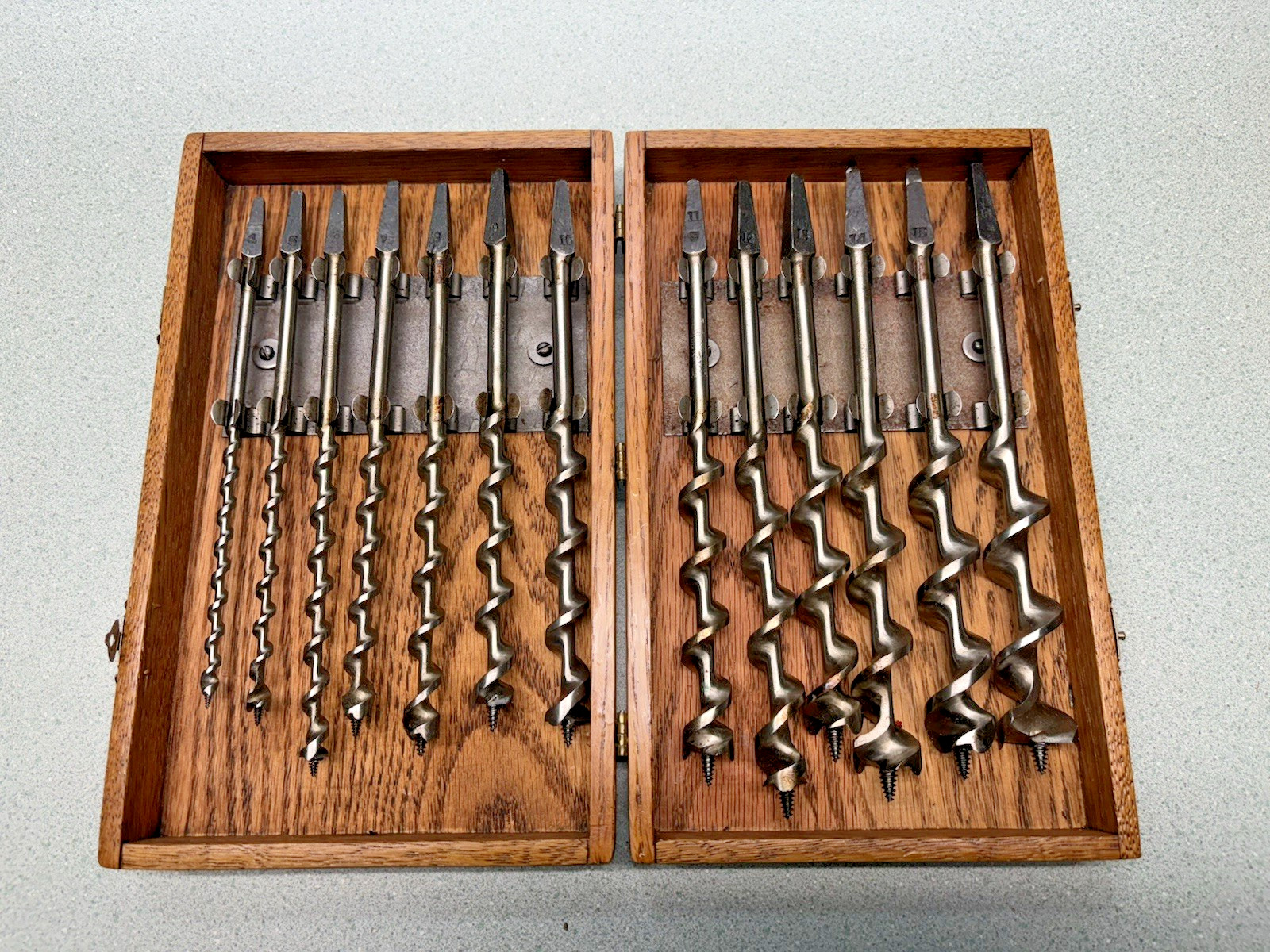 Vintage Irwin Complete 13 pc Boxed Set Auger Brace Bits Military Mint Wood Box