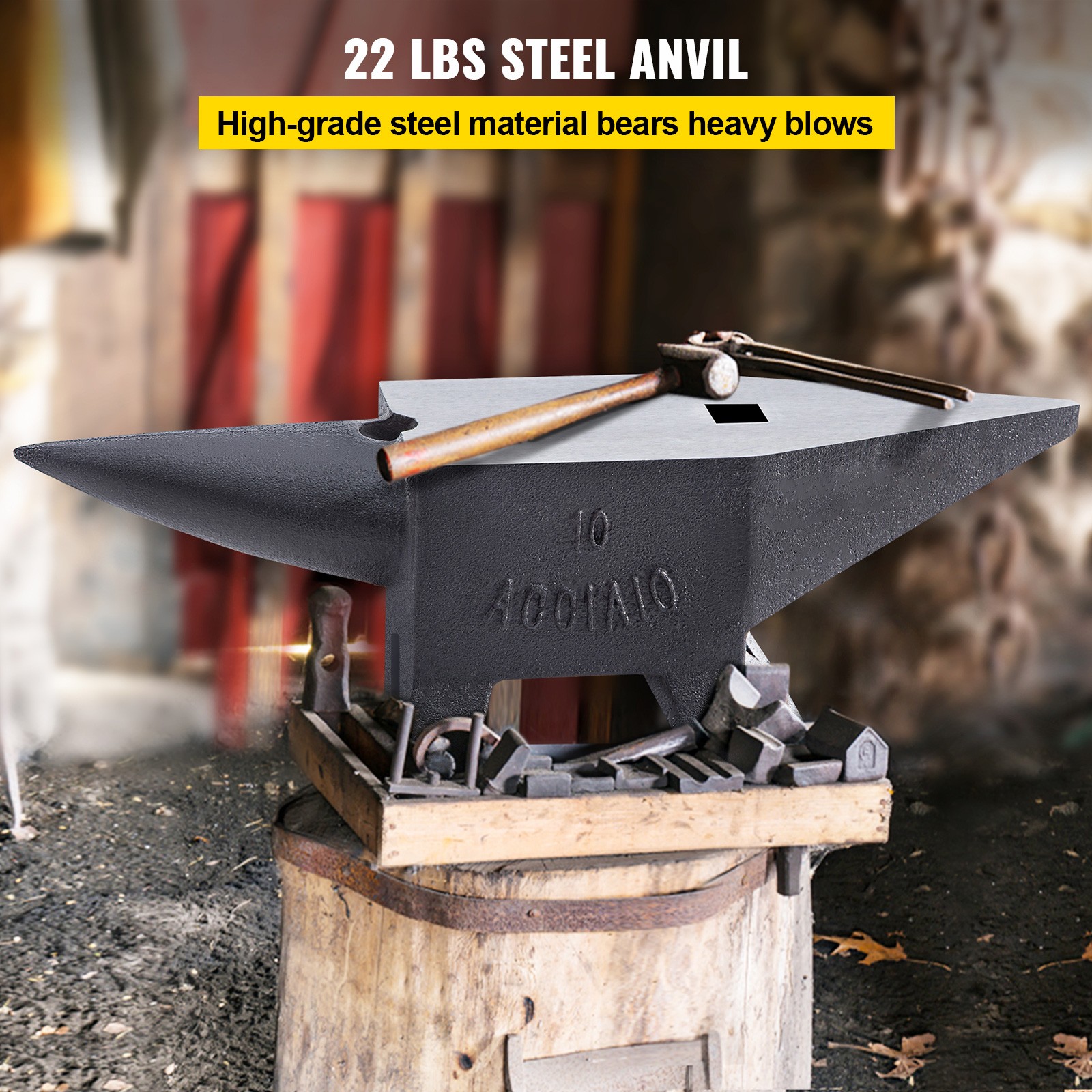Uimoso Blacksmith Steel Anvil with Round Horn, 22lb, 2 Holes for Metal Crafting