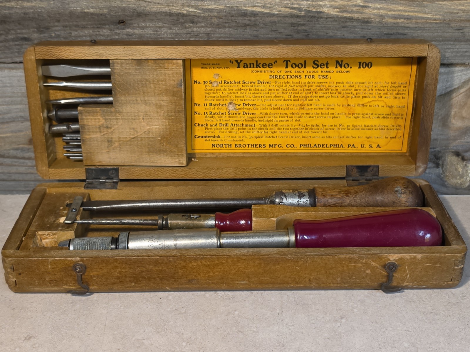 Vintage 1920s North Brothers “Yankee” No. 100 Tool Set In Wood Case USA