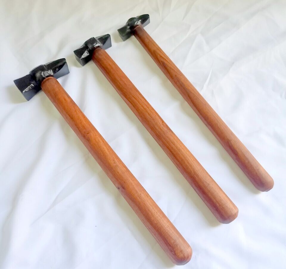 Set of 3 Black Iron Hammer Blacksmith Wooden Handle Collectible