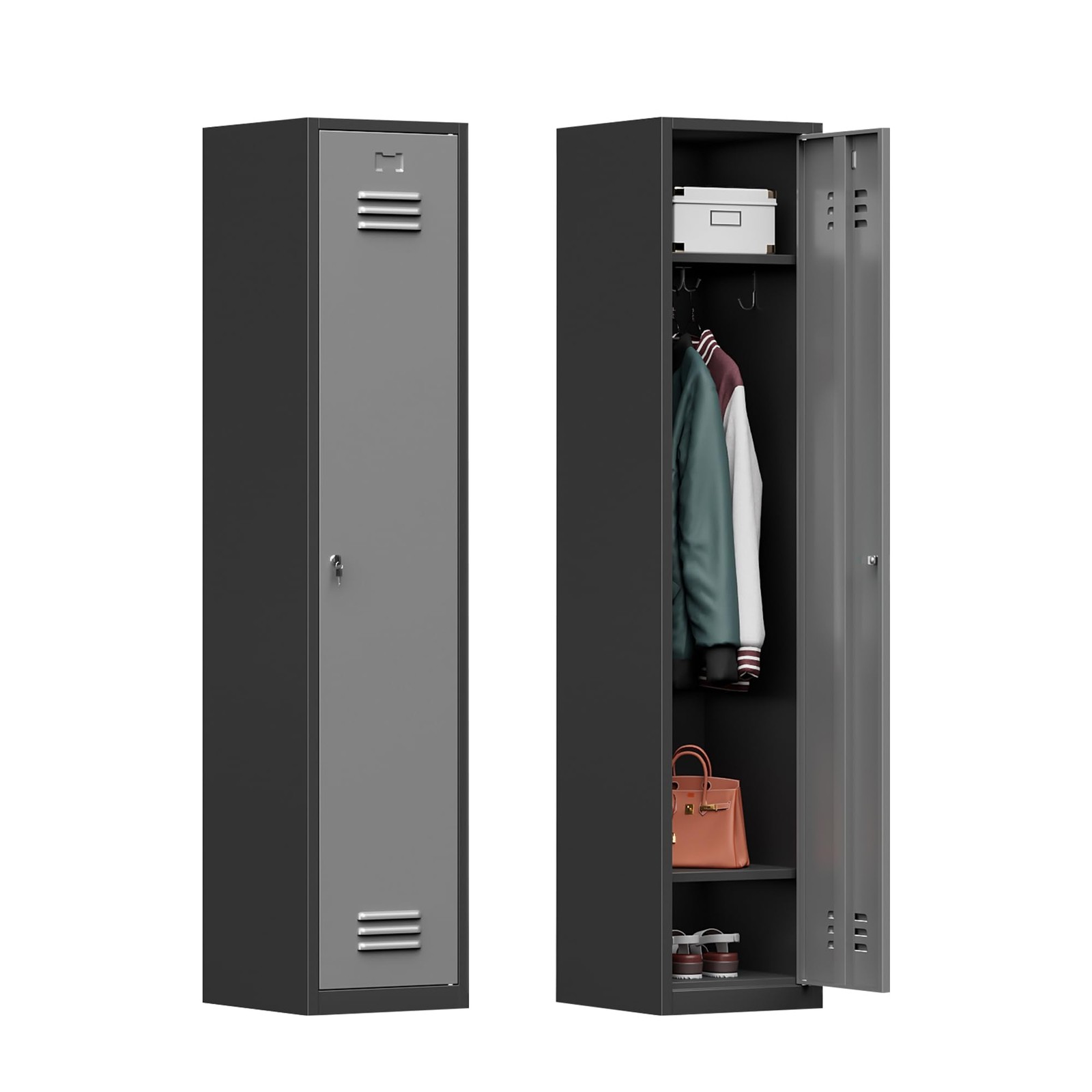 Topass Metal Lockers for Employees with Keys, 71″ Tall 1-Door, Black&grey