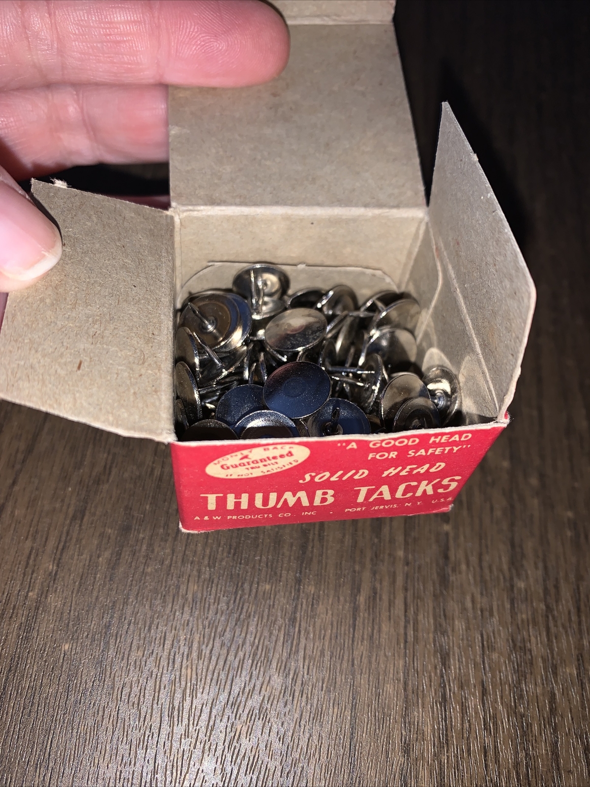 Vintage A & W Tru-Bilt Solid Head Thumb Tacks Tacks in Original Cardboard Box