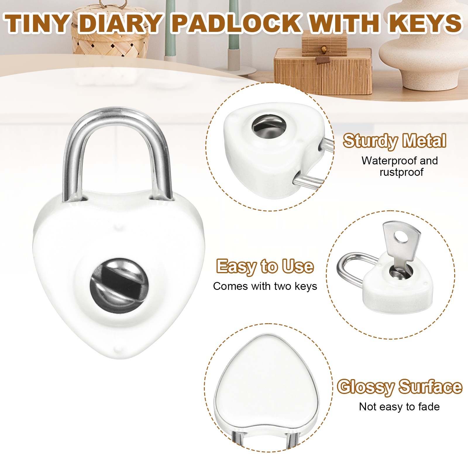 10Pcs Mini Diary Padlock, Small Heart Shaped Lock with 2 Keys White