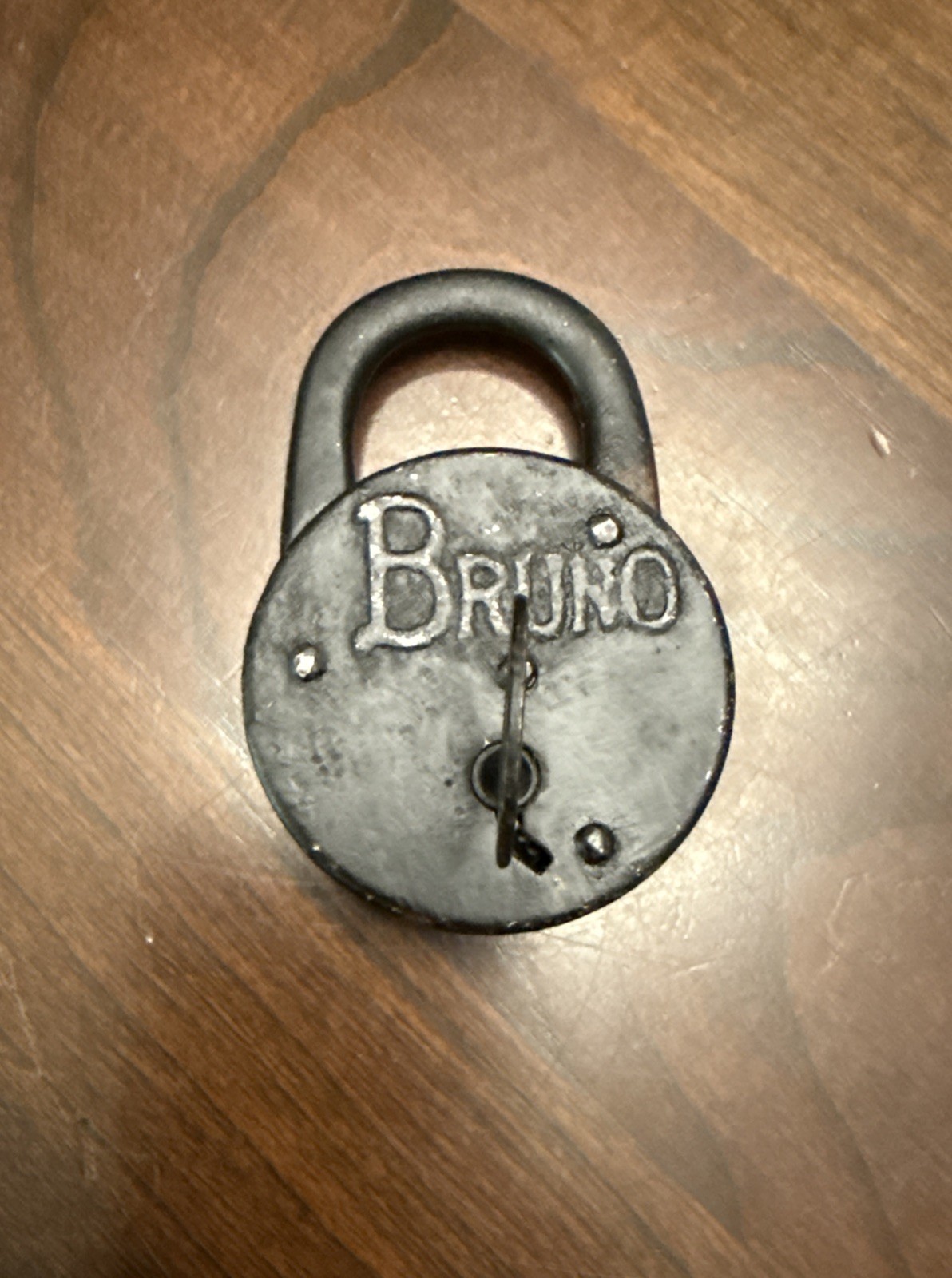 Antique Bruno Poorman’s Stamped Steel Tin Padlock Lock w Angled Key Works Pops