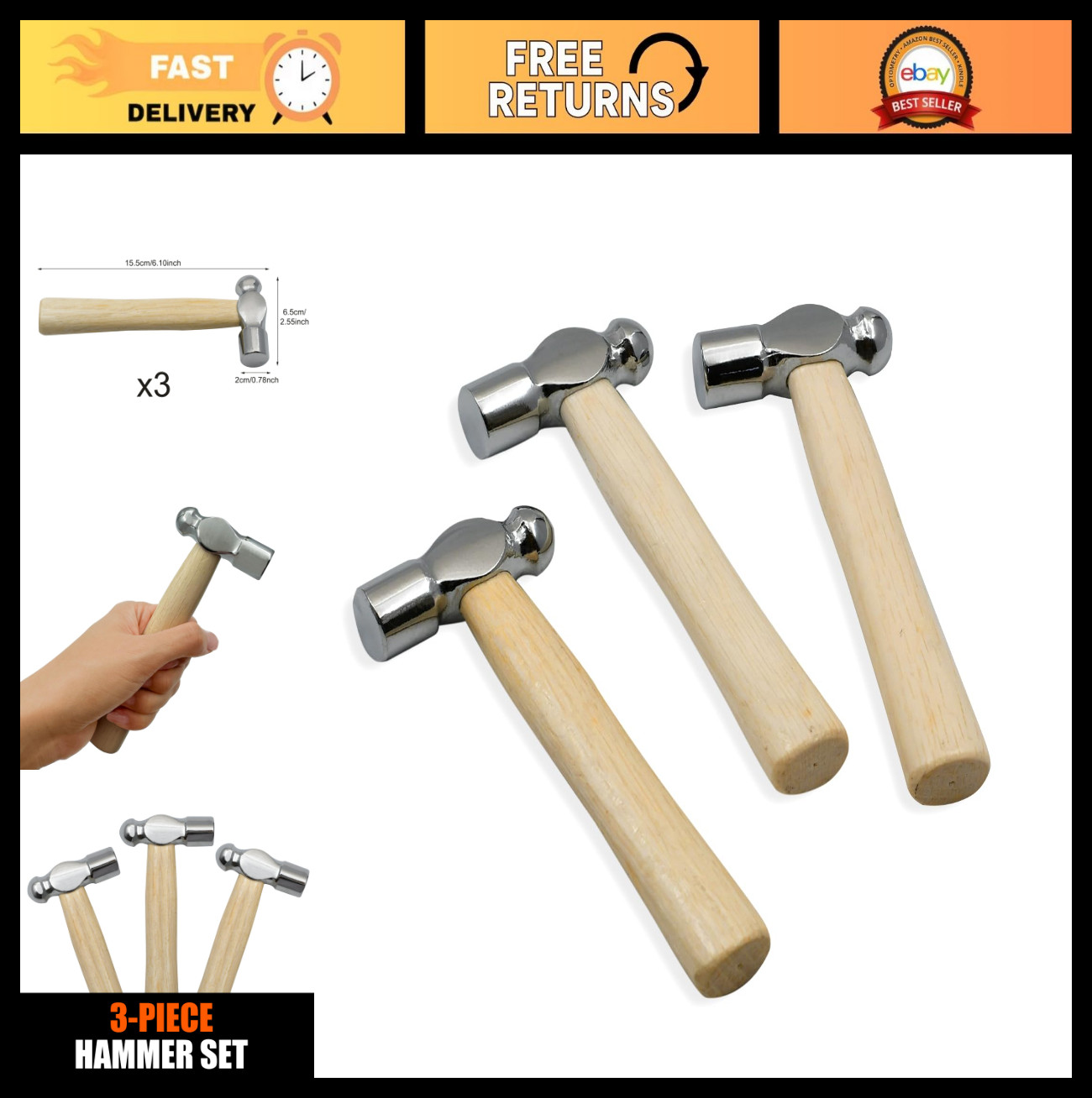 Mini Wooden Handle Round Head Hammer Set – 3 PCS Reinforced Ball Hammers for Woo