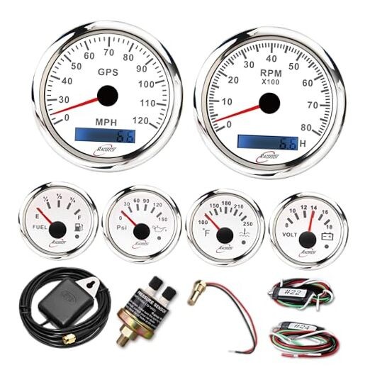 6 Gauge Instrument Set – 85mm (3-3/8″) GPS Speedometer 120 MPH & 120MPH White