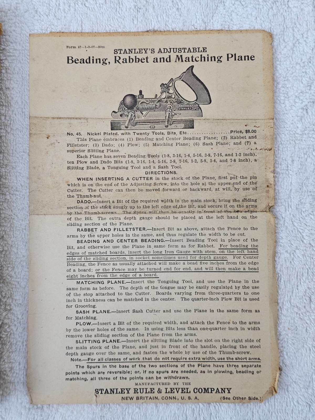 1907 Antique Stanley No 45 Plane Instruction Manual Pamphlet Rules Level Parts