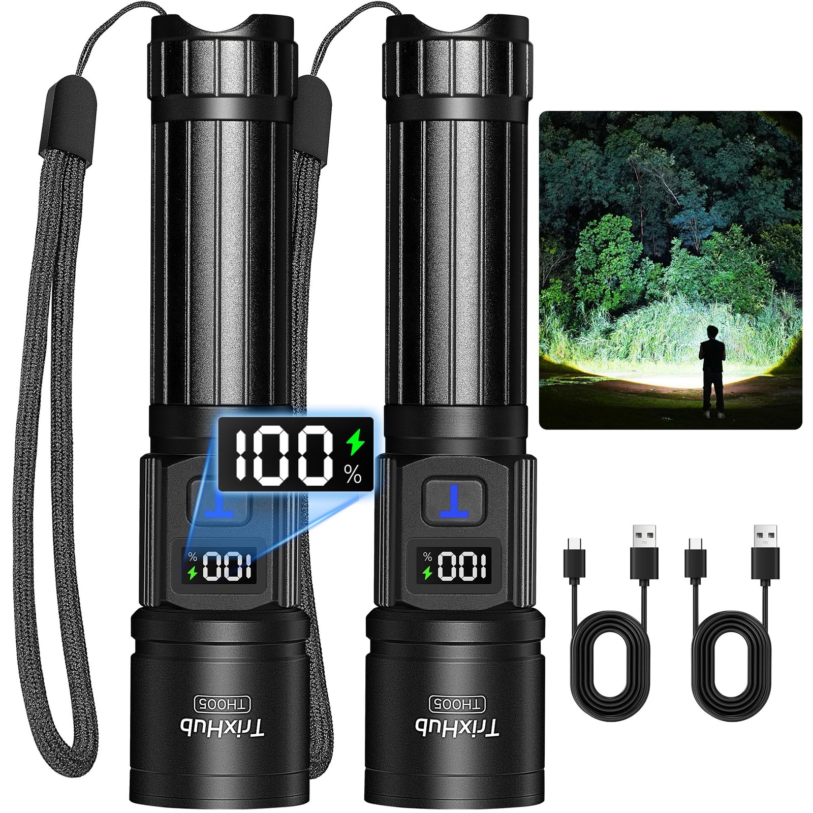 TrixHub Rechargeable Flashlights 2 Pack, Super Bright High 2 Black