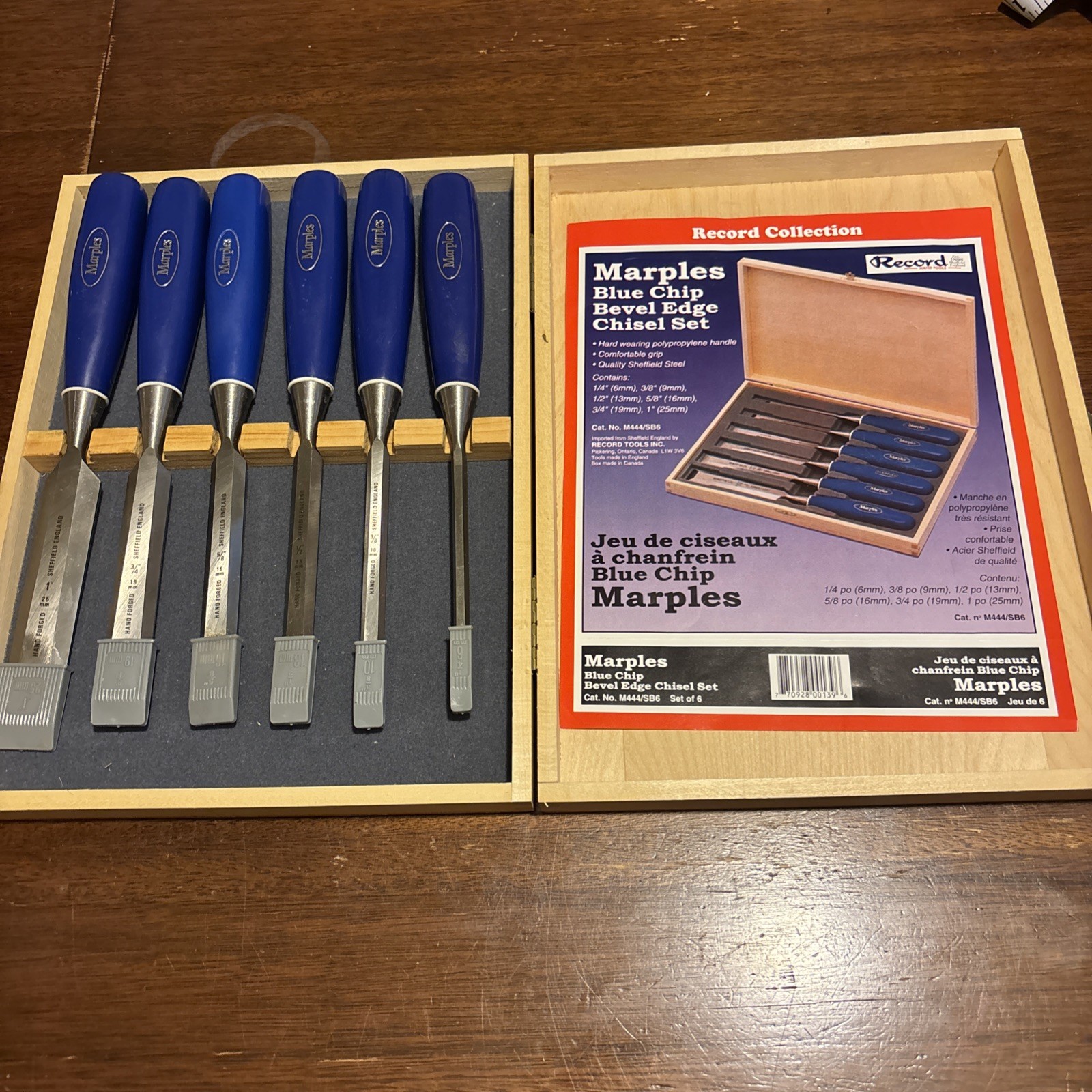 Marples Sheffield England Blue Chip Set of 6 Chisels In Wooden Box Vintage