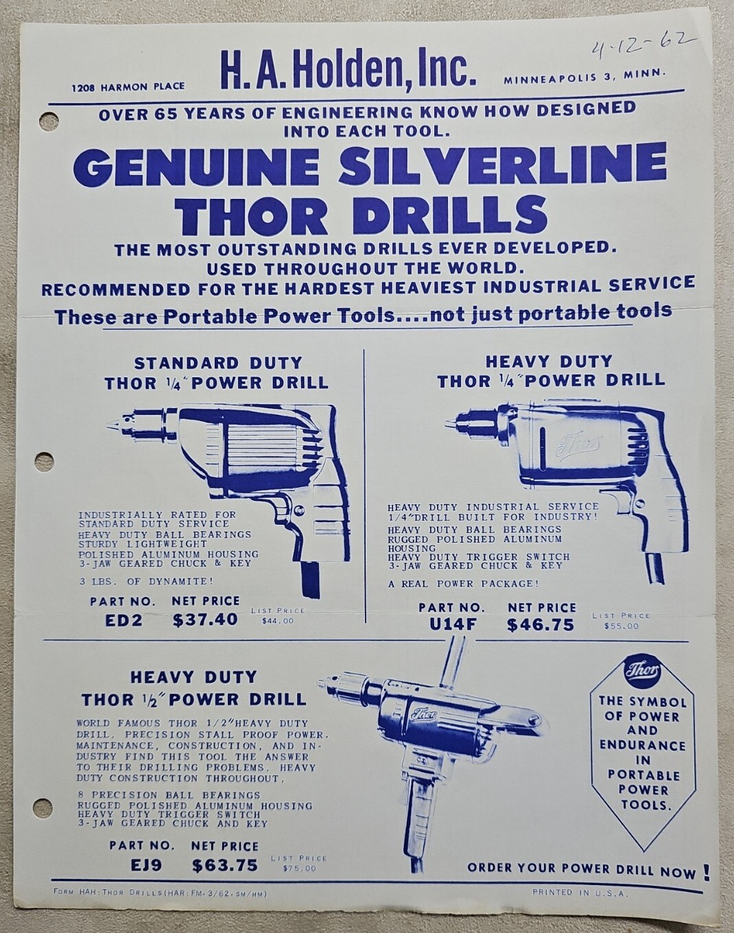 Vintage Advertisement Paper Price List 1962 SILVERLINE THOR DRILLS, HA HOLDEN