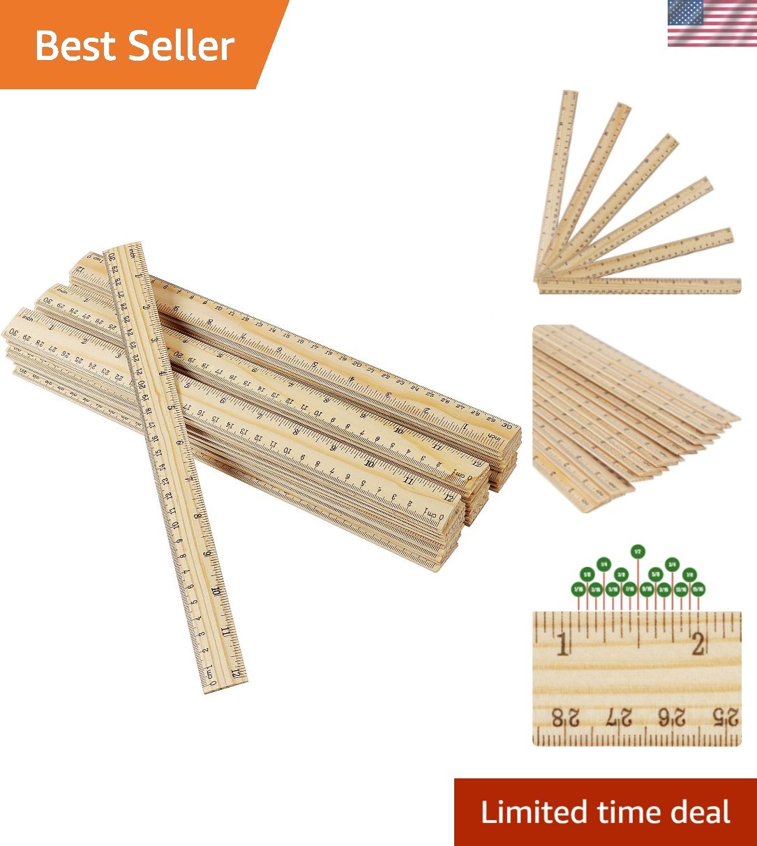 36 Pack 12-Inch Pine Wooden Rulers – Double Bevel Design for Precise Measuring