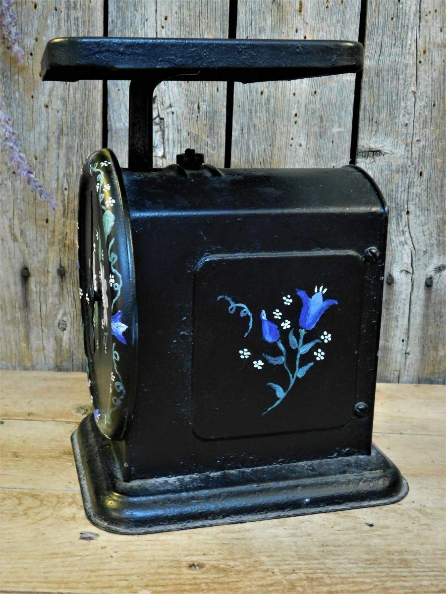 Antique Primitive Kitchen Scale Hand Painted Folk Art Blue Flowers
