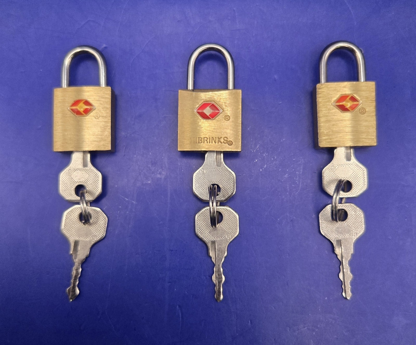 3 Vtg BRINKS Miniature Brass Luggage Lock & Keys ~ TSA-007 Security *WORKING* 🔐