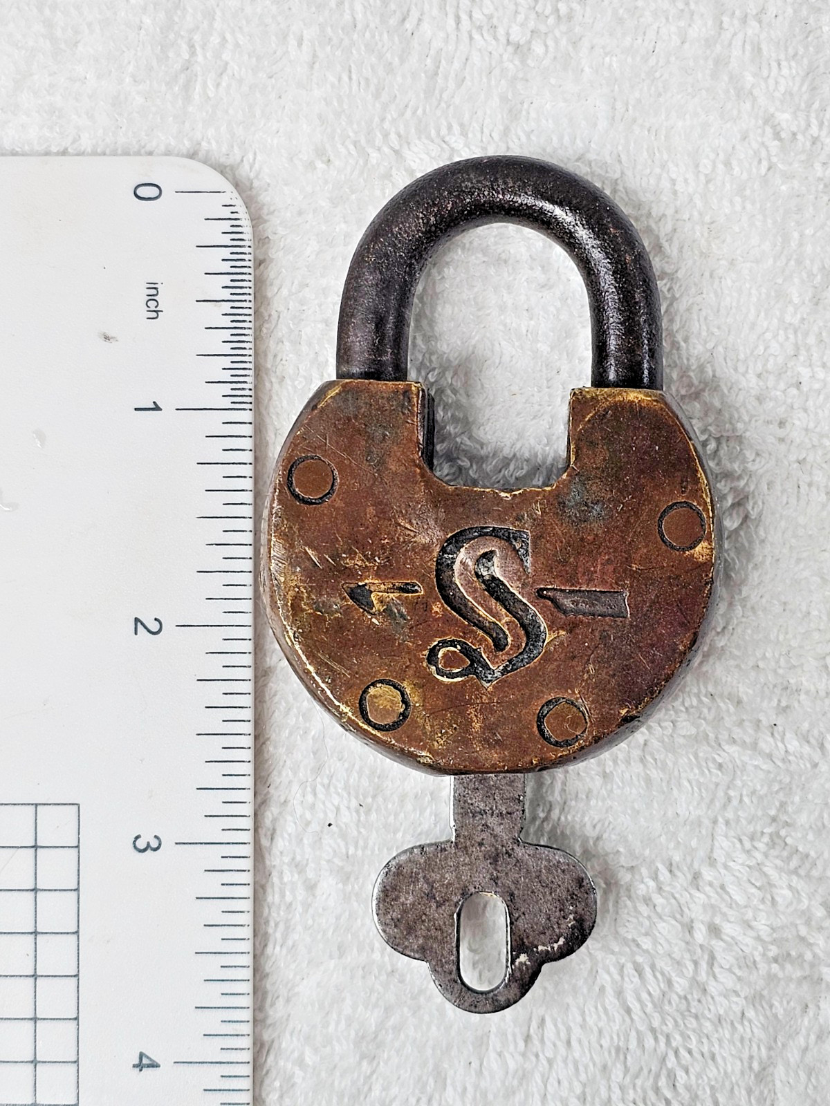 Antique Simmons Hardware Co Brass Pancake Padlock Lock Working Key Arrow S Logo