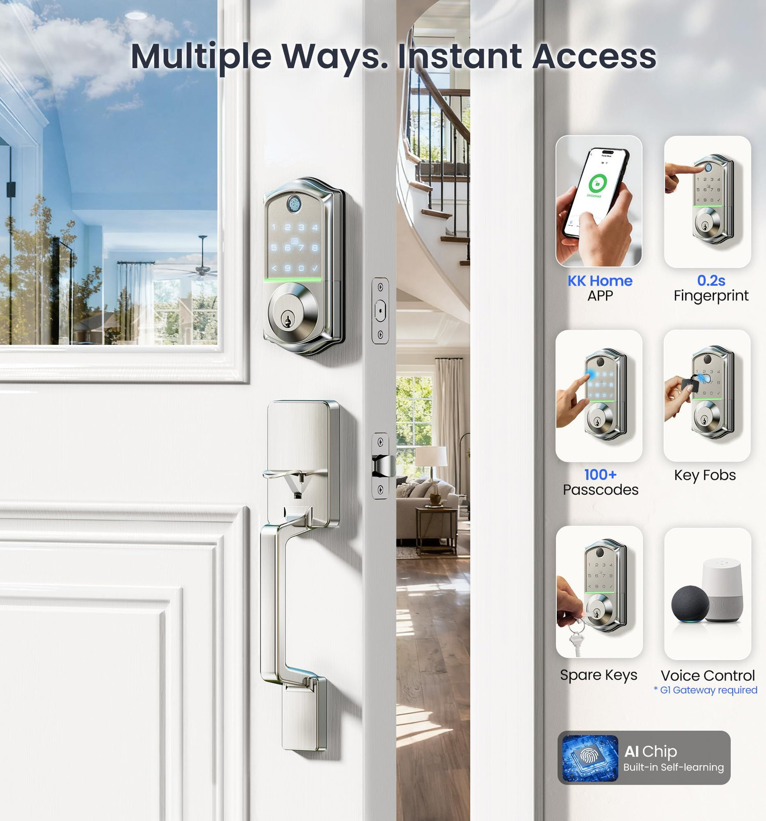 Veise VE017-D Smart Fingerprint Front Door Lock Set, App Satin Nickel