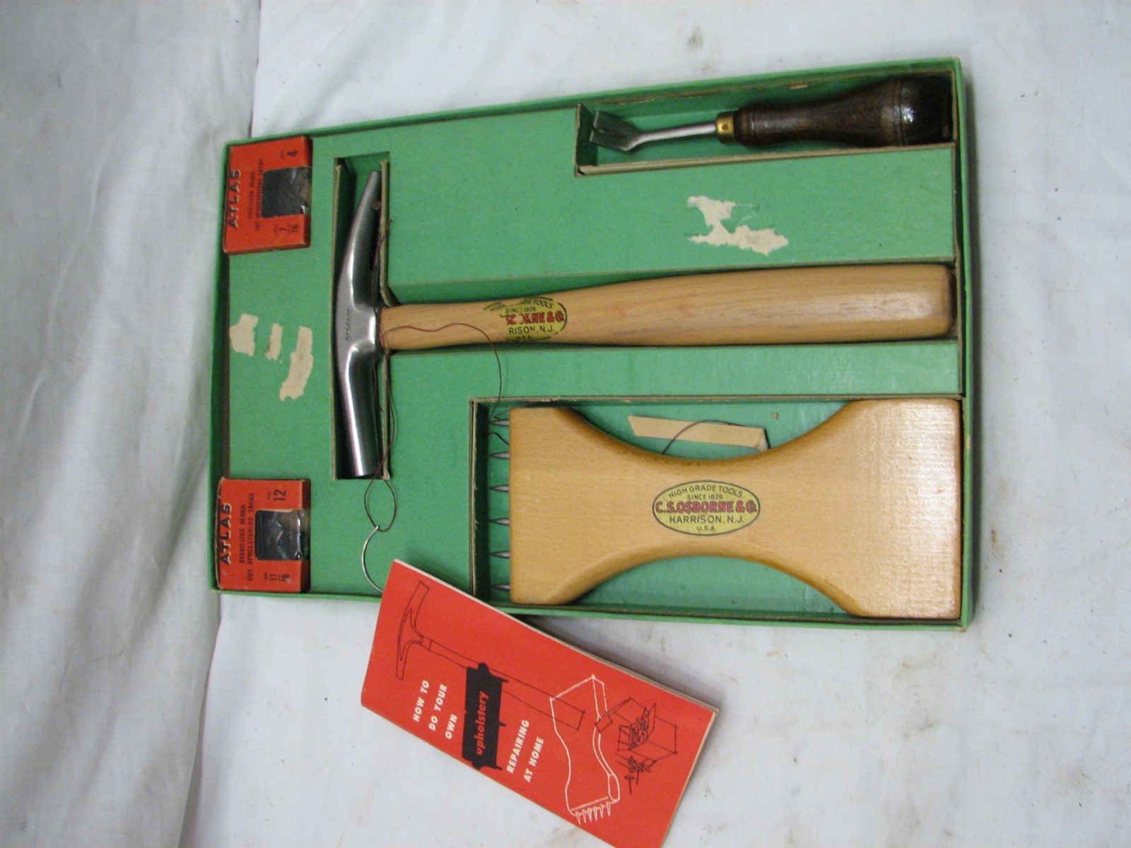Vintage C.S. Osborne Home Upholstery Repair Kit w/Box Tack Hammer Tools