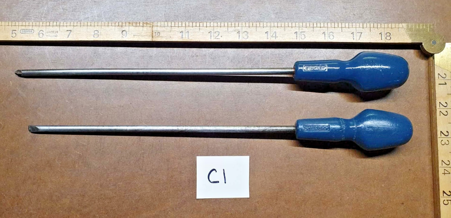2 x Vintage Stanley Blue Long Handle Screwdrivers Mechanic Tools Engineering