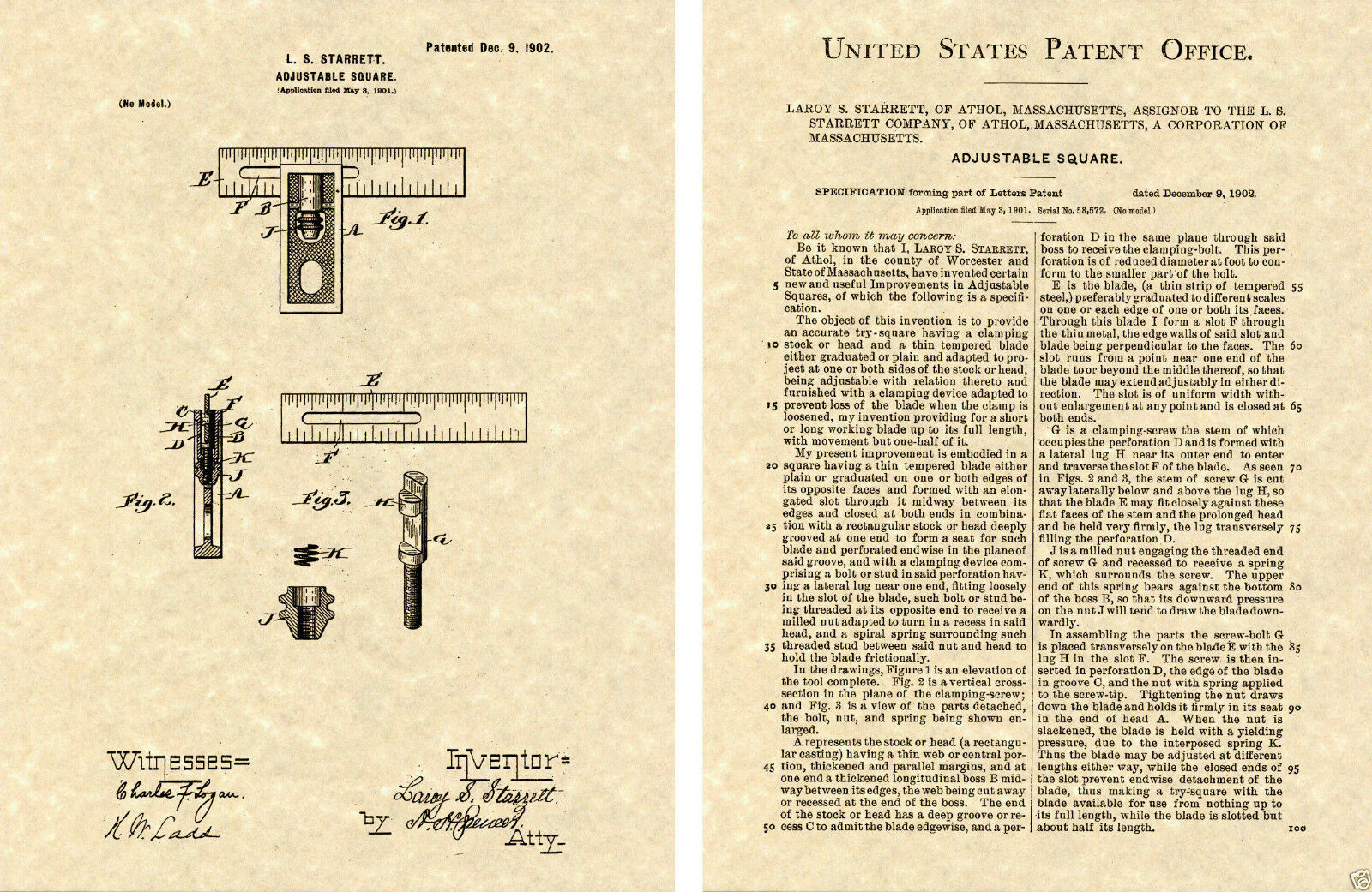 STARRETT ADJUSTABLE SQUARE US PATENT Art Print READY TO FRAME Vintage 1902 T