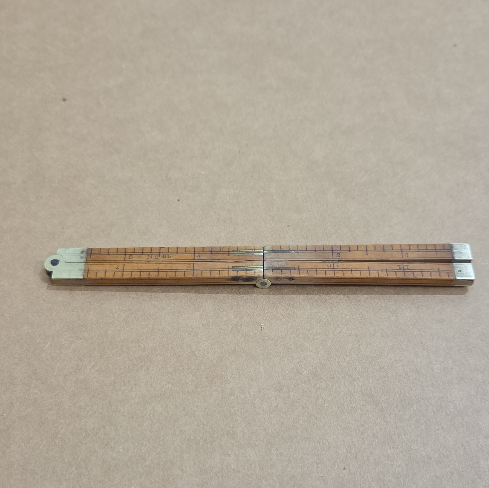 Vintage Original No. 65 Wooden Folding Measuring Rule Ruler w/ Metal End Caps