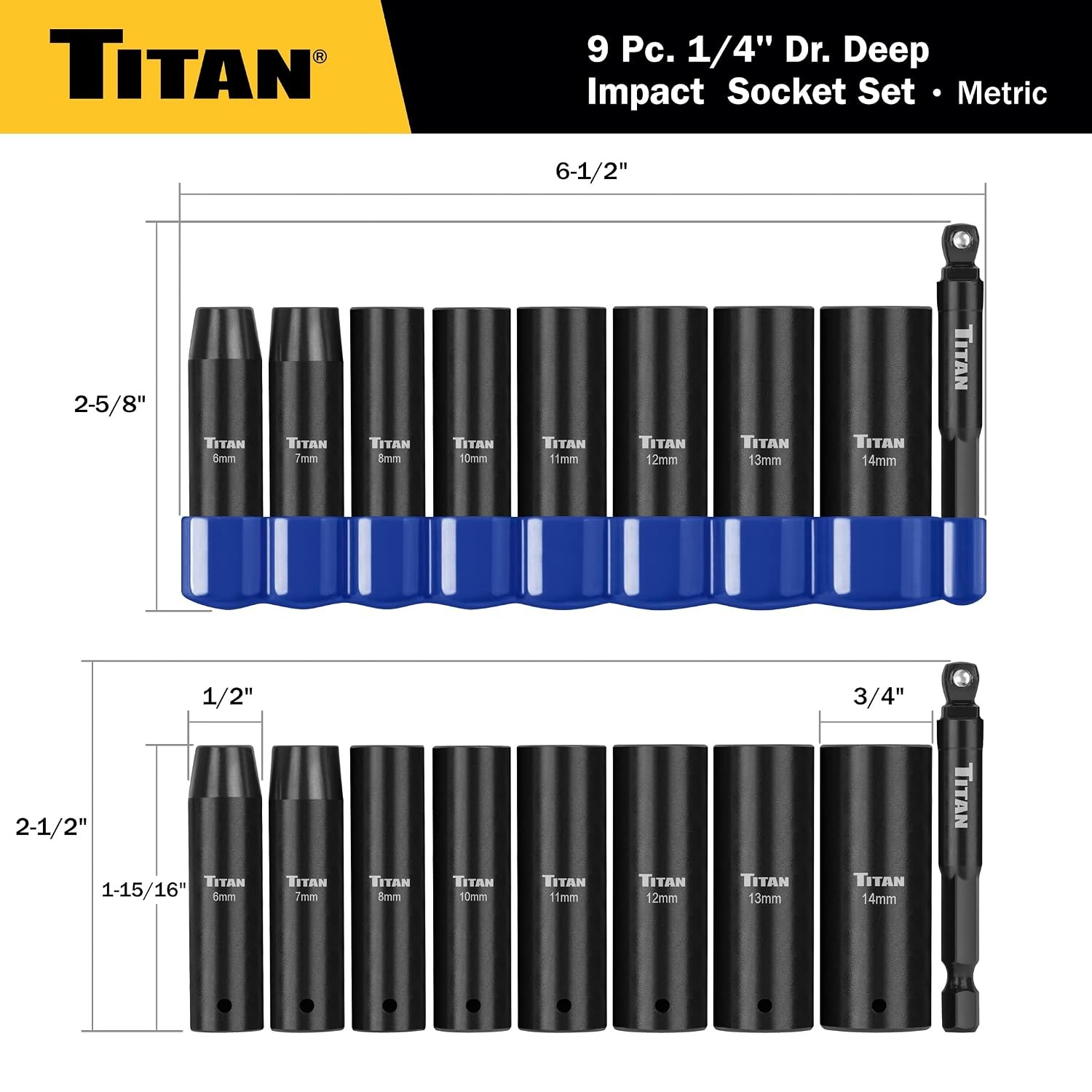 1/4 inch Drive 9-Piece Metric Deep Impact Socket Set 6-Point Deep Impact Tool