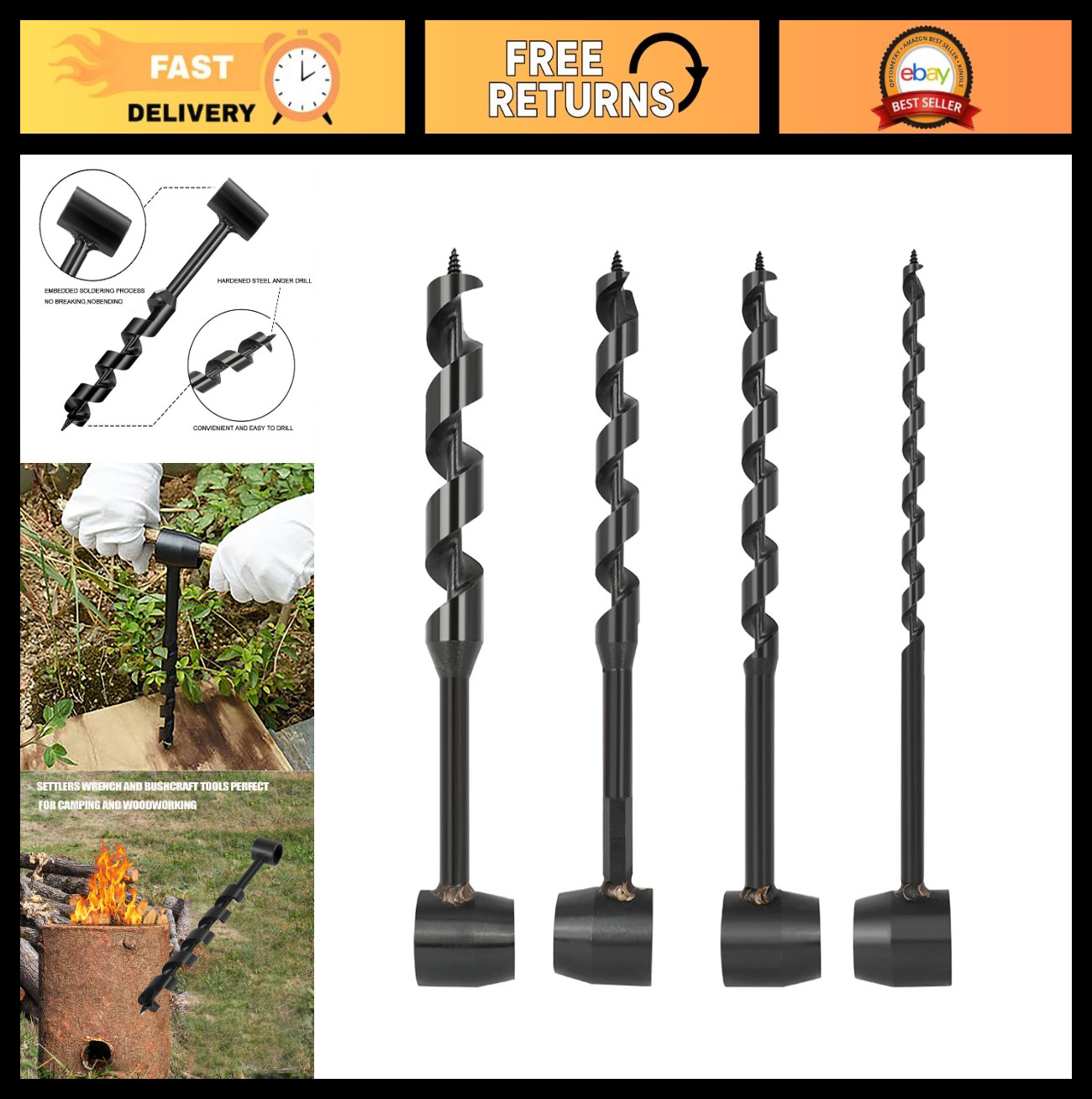 4 Pcs Hand Auger Wood Drill Set – Bushcraft Survival Tool for Camping, Hiking, W