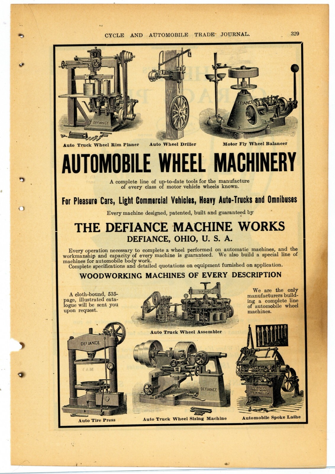 1911 Defiance Machine Works Ad: Woodworking Machines for Auto Parts. OhiO