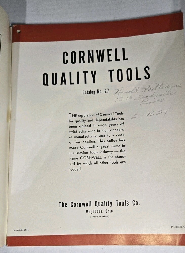 Vtg 1951 Cornwell Quality Tools Catalog & Price guide