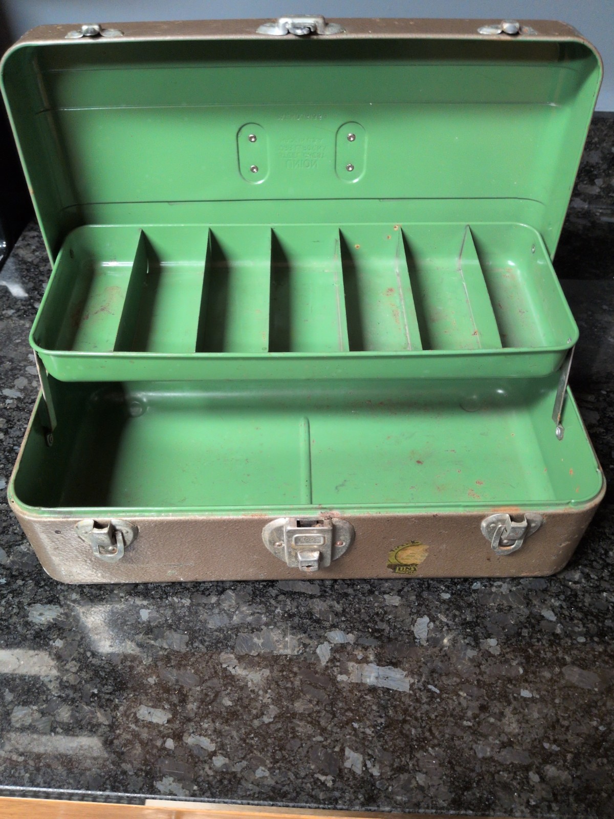 Vintage Union Steel Chest Brown Metal Tackle Box Utility Tool Case