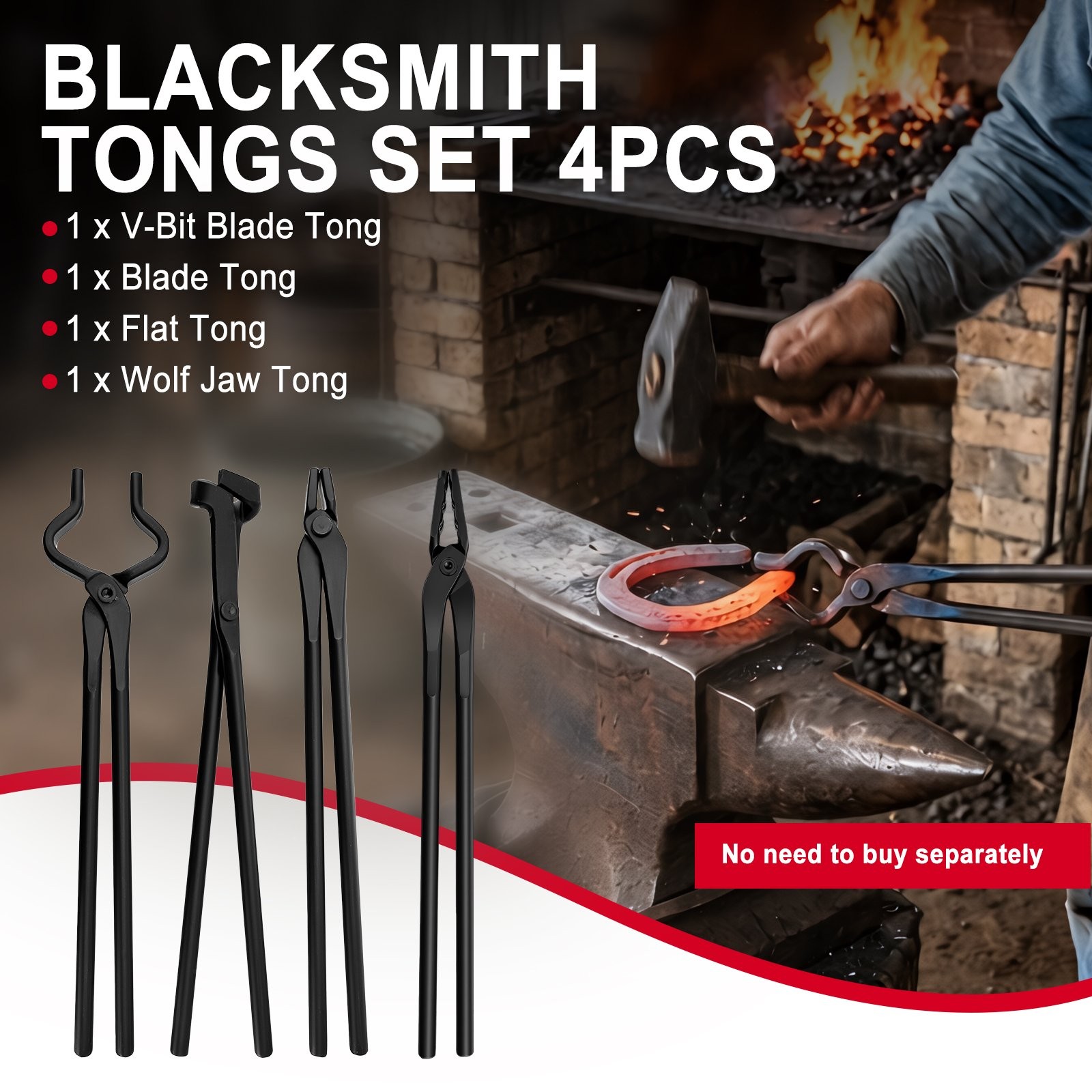 4PCS Blacksmith Tongs Set, Heavy Duty Steel for Knife Making, Blacksmithing Tool