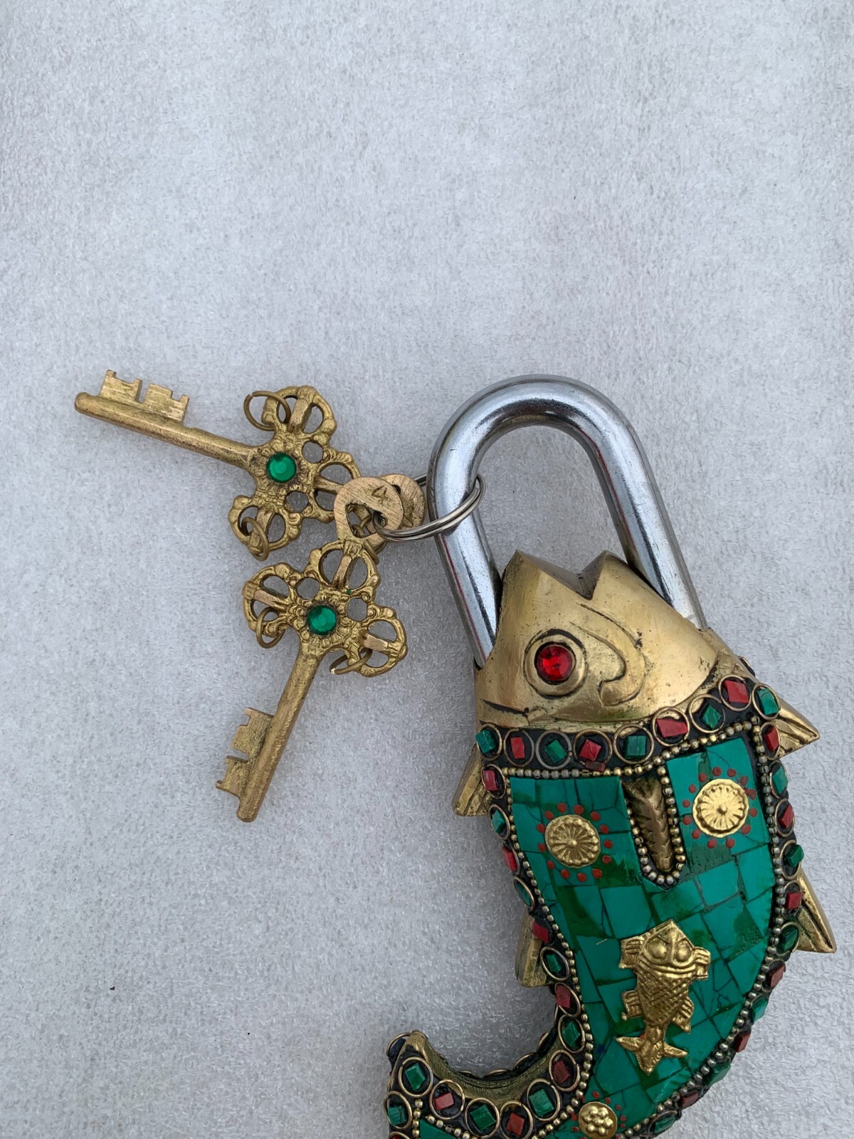 Brass Lock Fish design, Fish Shaped lock Stone work Vintage Door Lock With 2 Key