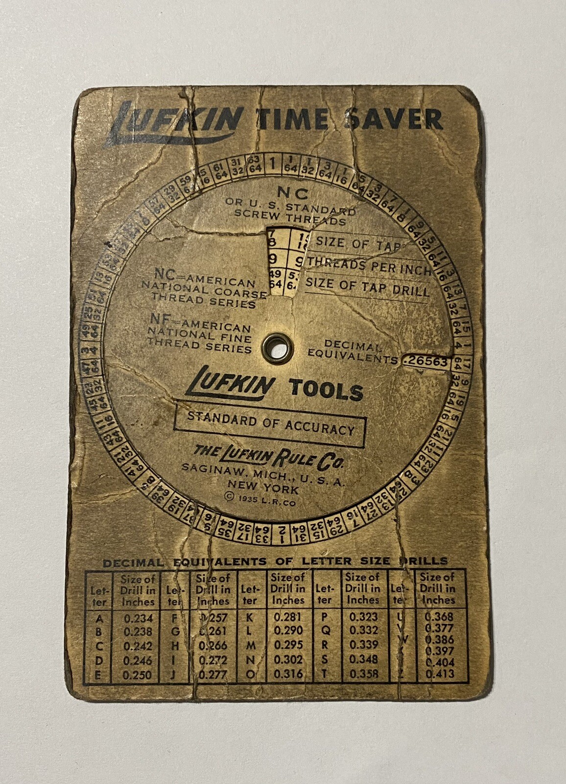 Lufkin Rule Co 1935 NC US Standard Screw Threads Tap Drill Tool Time Saver Chart