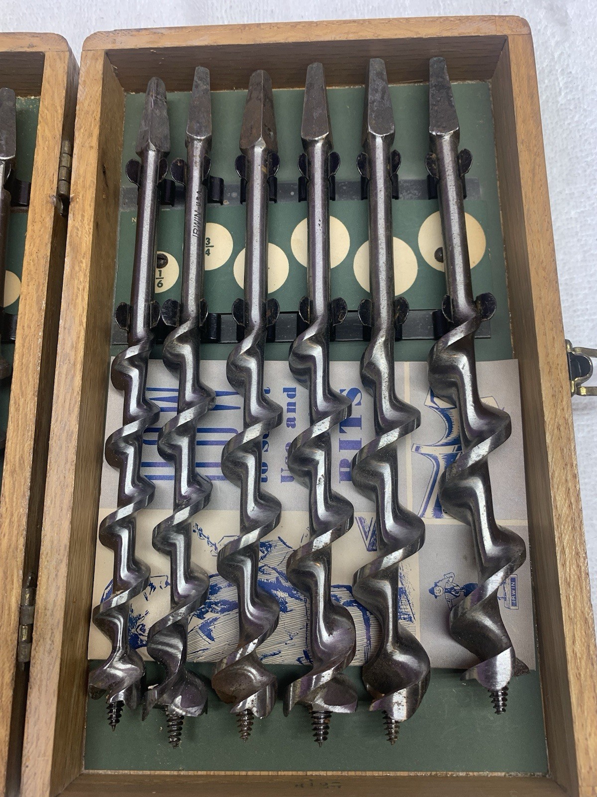 Vintage Irwin Complete 13 pc Set Auger Brace Bits USA With Original Wood Box