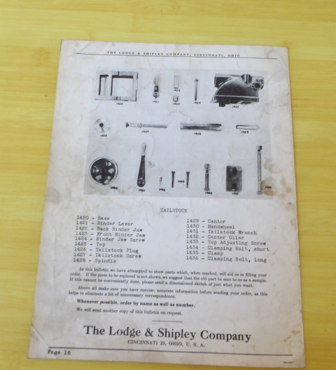 Vintage Lodge & Shipley 12″ 14″ 16″ Lathe Repair Parts Manual 16pgs