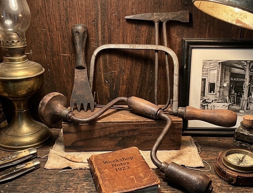 Instant Collection Antique Primitive Hand Tools Lot Brace Drill Saw Hammer